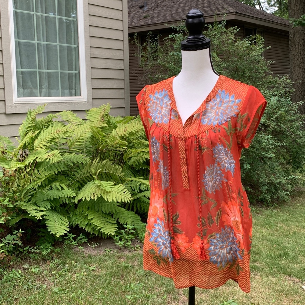 2 FOR $20 DR2 short sleeve sheer orange floral boho top sz S